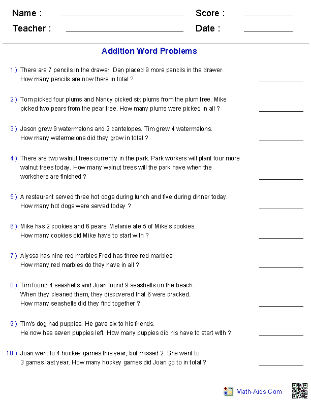 Word Problems Math Worksheets