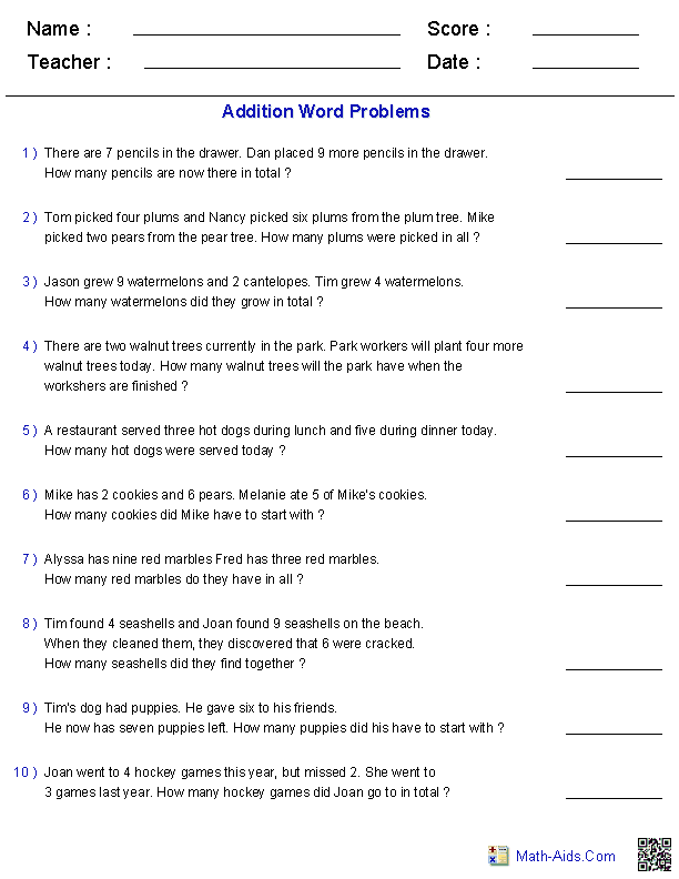 Addition with 1 Digit & 2 Addends Word Problems Worksheets