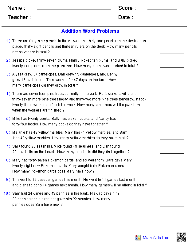 Addition with 2 Digits & 3 Addends Word Problems Worksheets