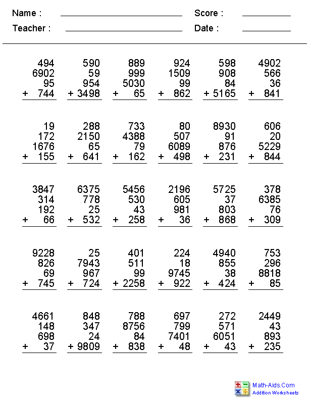 2, 3, or 4 Addends with 1, 2, 3, or 4 Digits Addition Worksheets