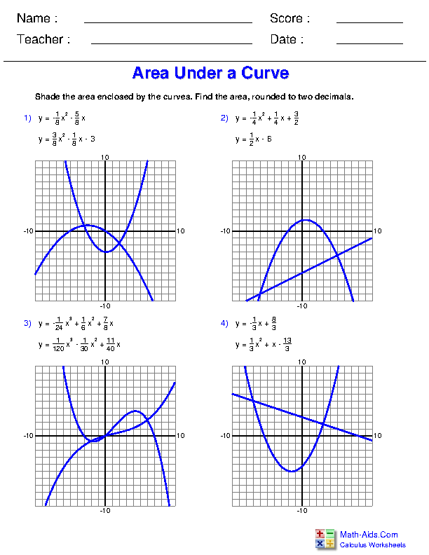 Area Between Curves Integration Applications Worksheets