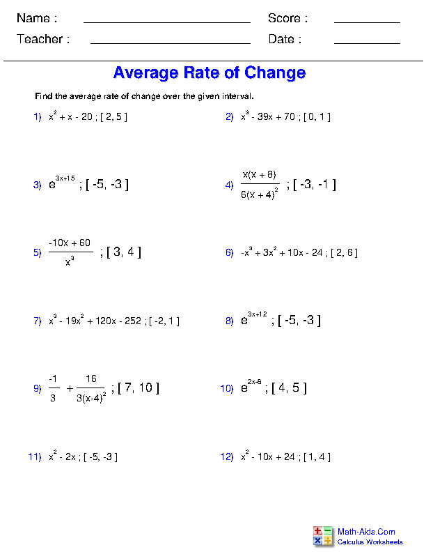 Average Rate of Change Differentiation Rules Worksheets