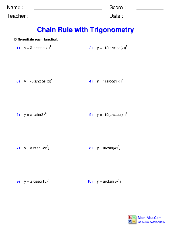 Chain Rule with Inverse Trig Functions Differentiation Rules Worksheets