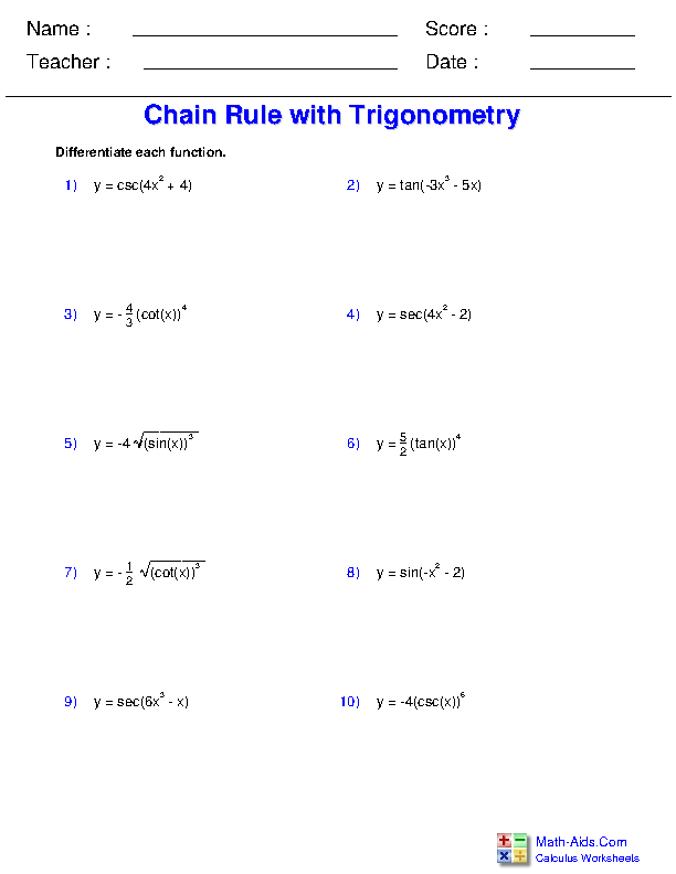 Chain Rule with Trigonometry Differentiation Rules Worksheets
