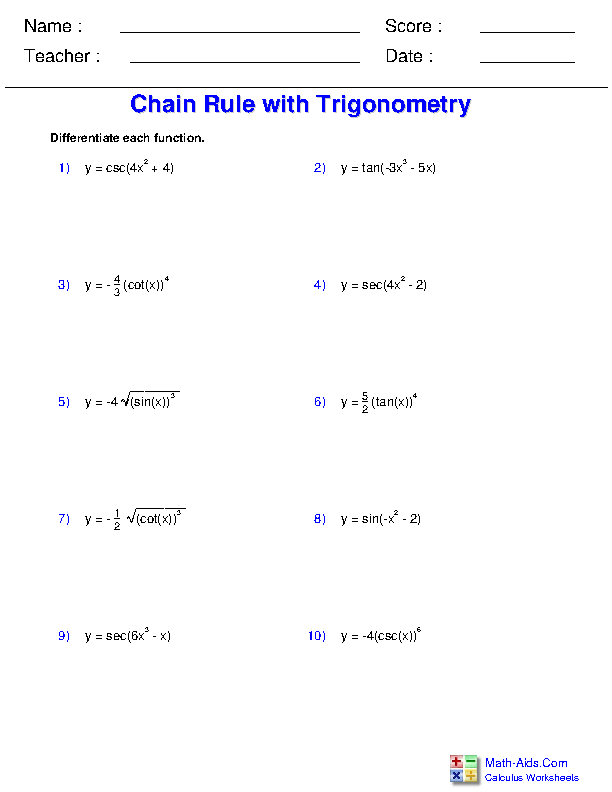 Worksheet With Solutions On Chain Rule