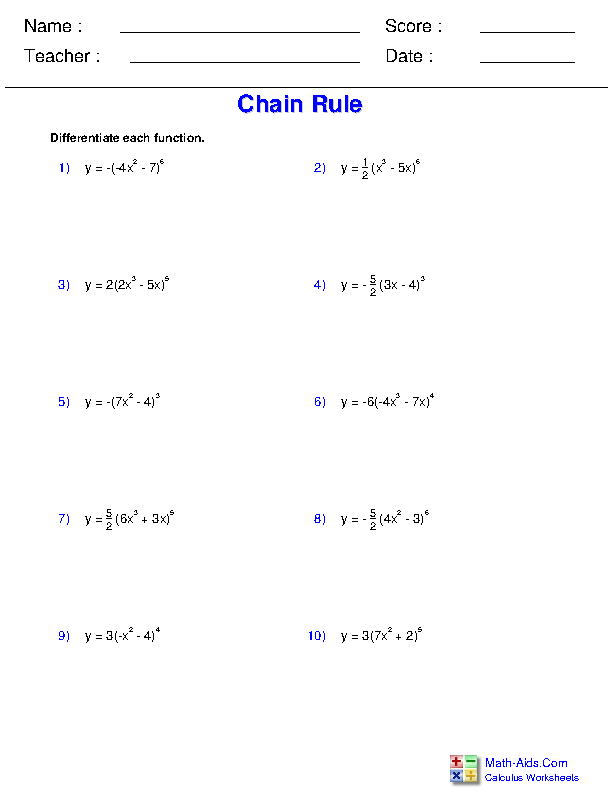 Chain Rule Differentiation Rules Worksheets