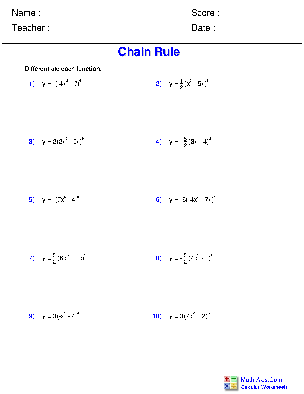 Calculus Worksheets | Differentiation Rules Worksheets