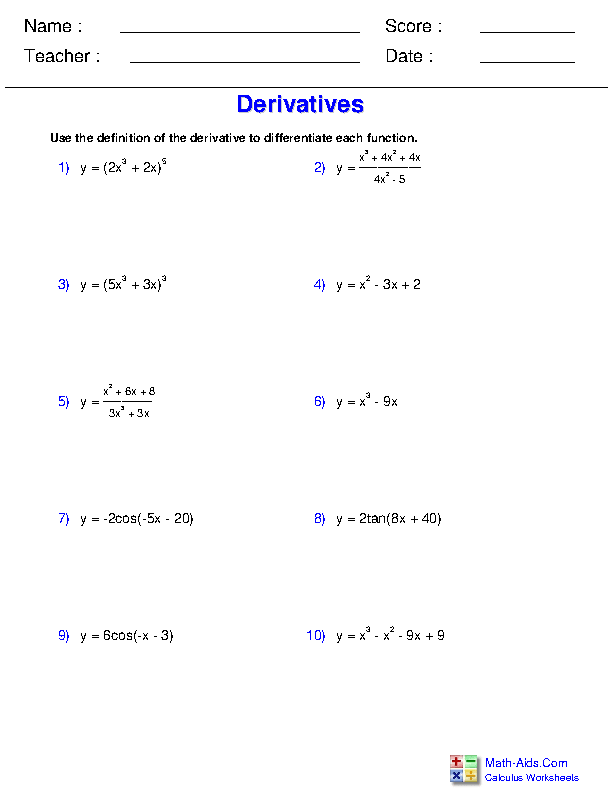 Graphing Derivatives Worksheet With Answers