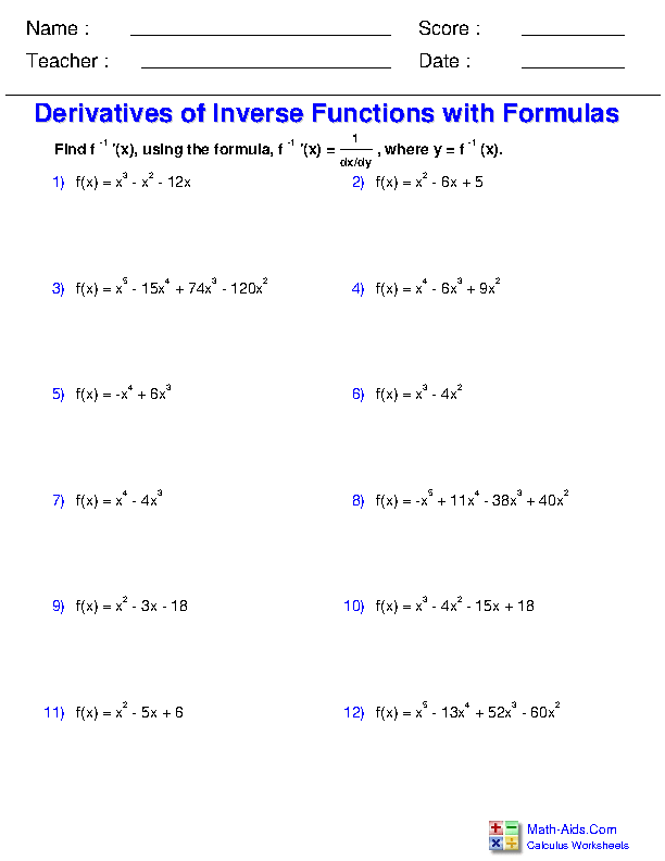 Find The Derivative Worksheet