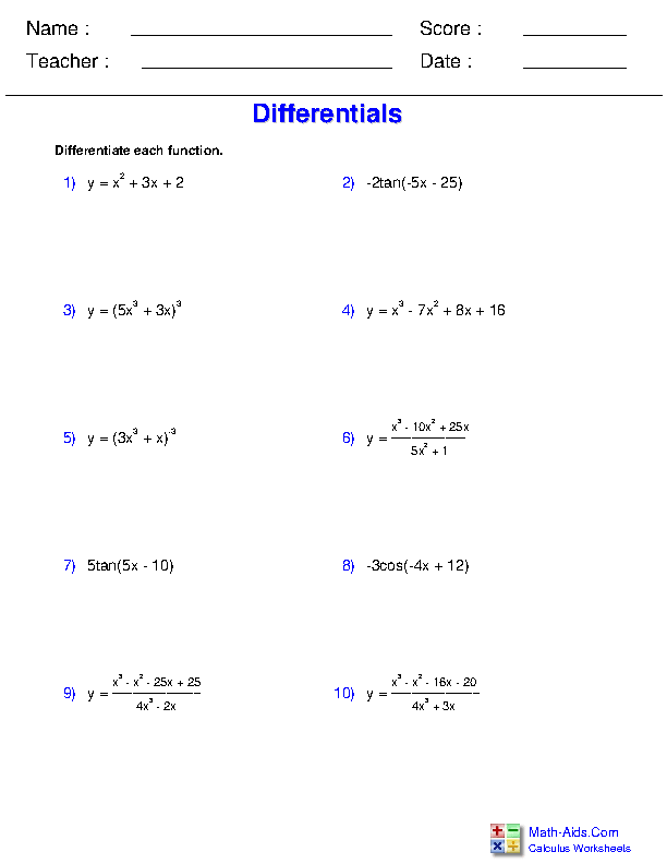 Understanding Differentials Differential Applications Worksheets