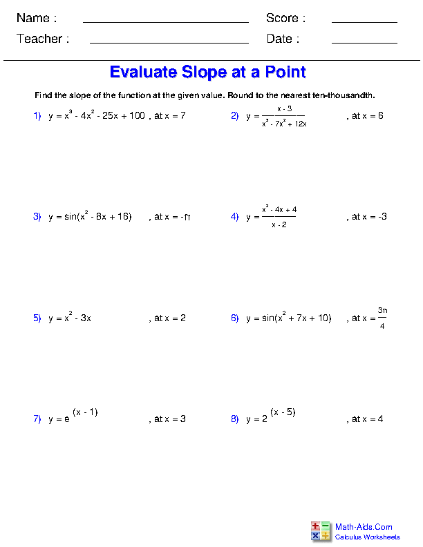 Evaluate Slope at a Point Differential Applications Worksheets