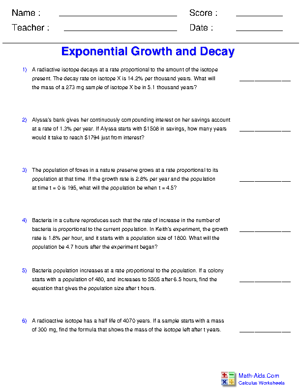 Exponential Growth and Decay Worksheets