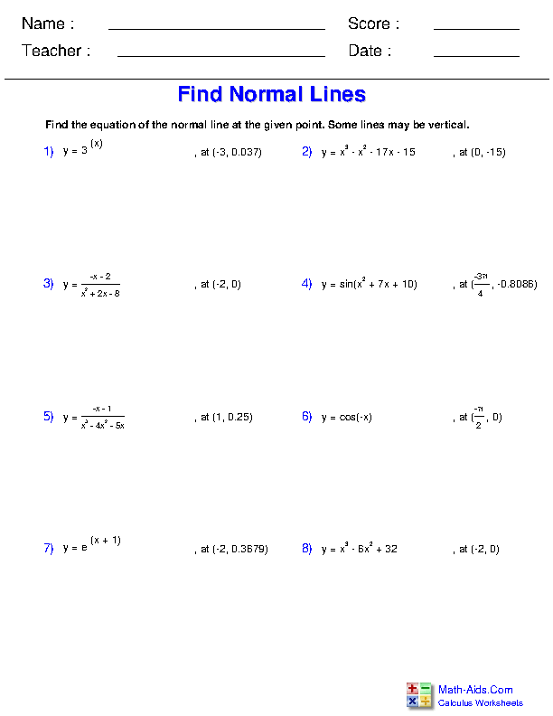 Find the Normal Line Differential Applications Worksheets
