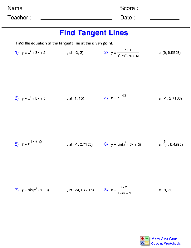 Find the Tangent Line Differential Applications Worksheets