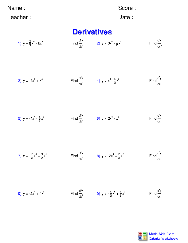 Higher Order Derivatives Differentiation Rules Worksheets
