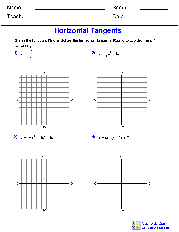 Horizontal Tangents on Graphs Differential Applications Worksheets