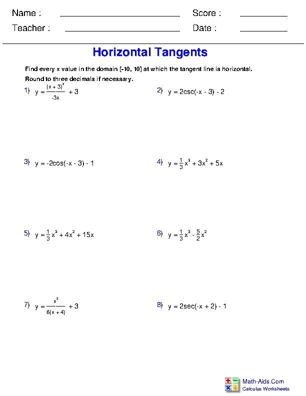 Finding Points with Tangents Differential Applications Worksheets
