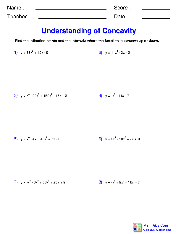 Understanding Concavity Worksheets
