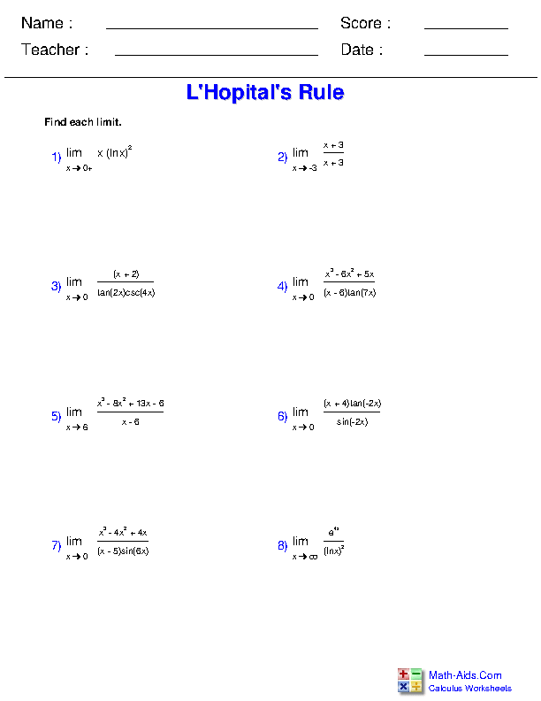 L'Hopital's Rule Differential Applications Worksheets