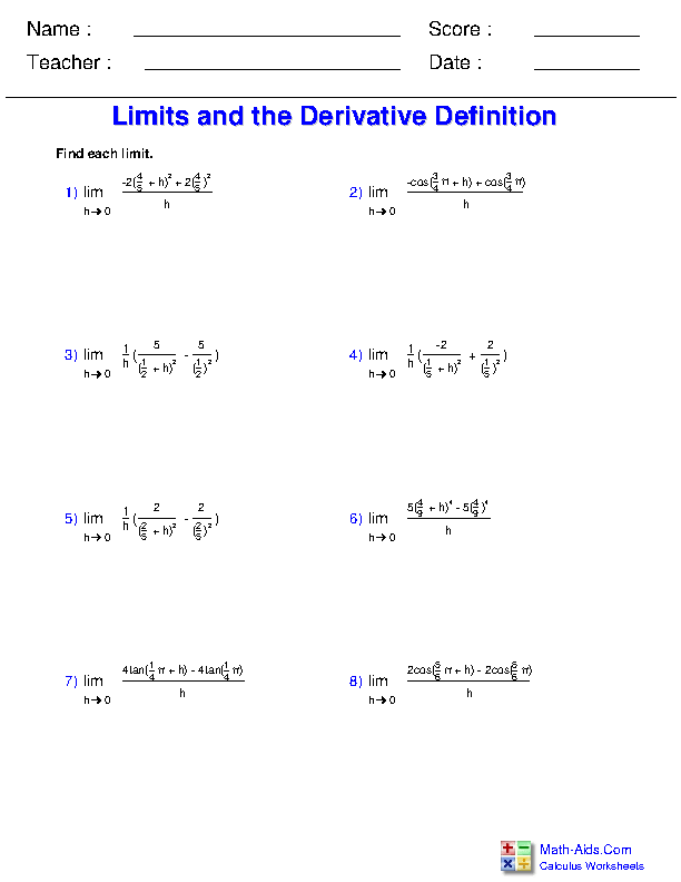 Limits with the Derivative Definition Differential Applications Worksheets