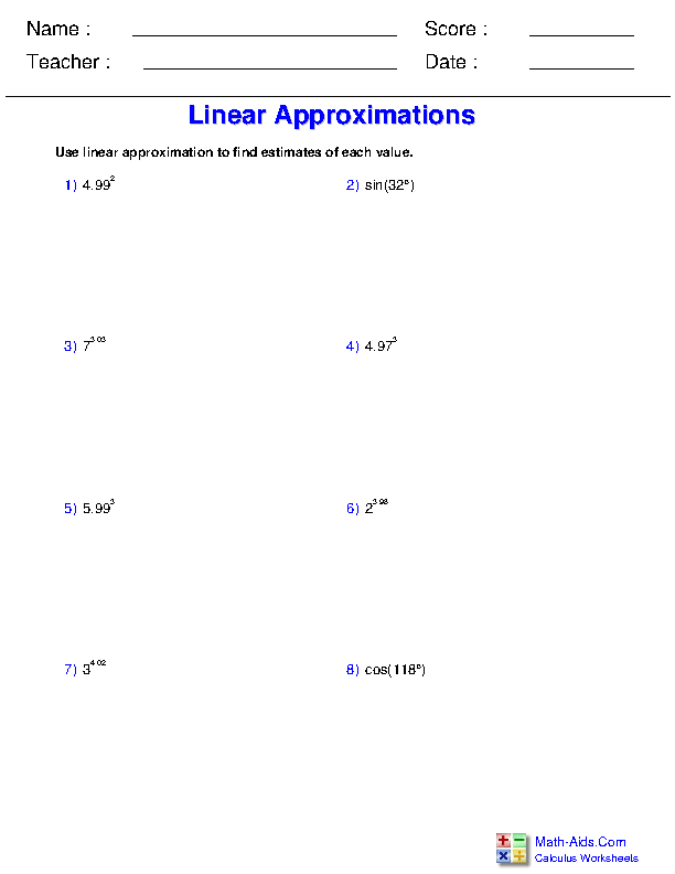 Linear Approximation Differential Applications Worksheets