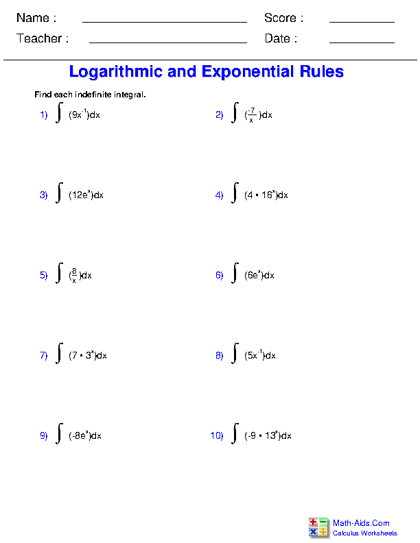 Log and Exponential Integrals Indefinite Integration Worksheets