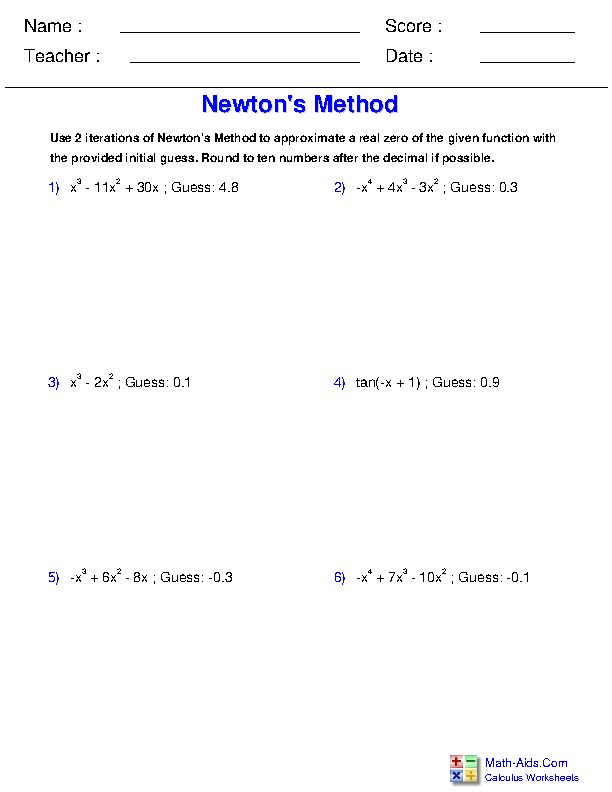 Newton's Method Differential Applications Worksheets