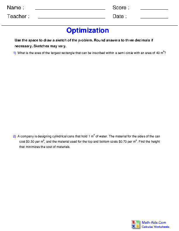 Optimization with Derivatives Differential Applications Worksheets
