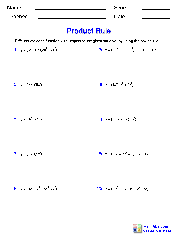 Product Rule Differentiation Rules Worksheets