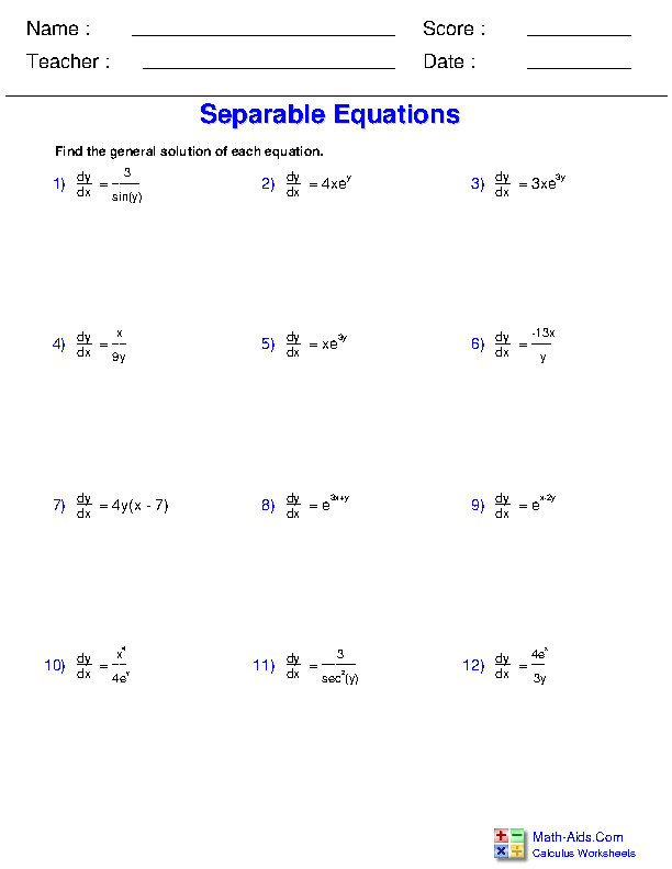 Solving Separable Equations Differential Equations Worksheets