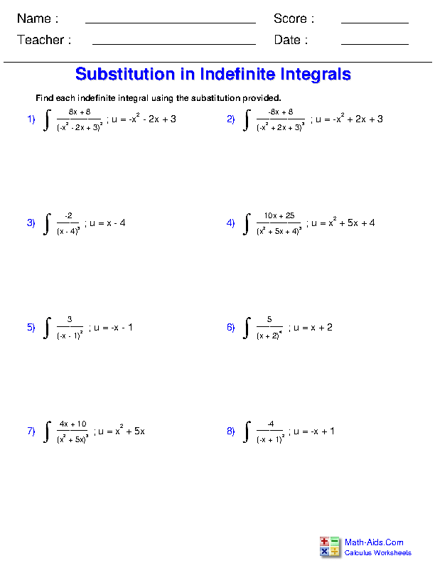Substitution with the Power Rule Indefinite Integration Worksheets