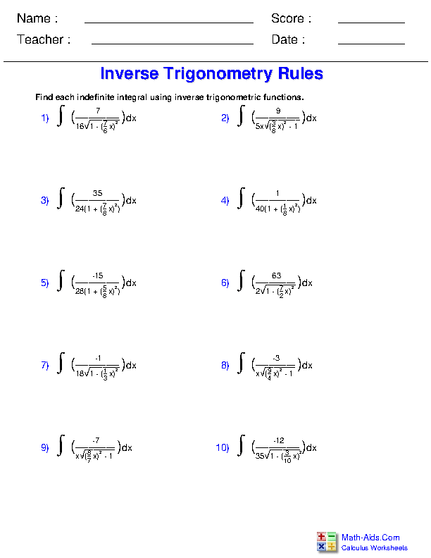 Inverse Trig Function Integrals Indefinite Integration Worksheets