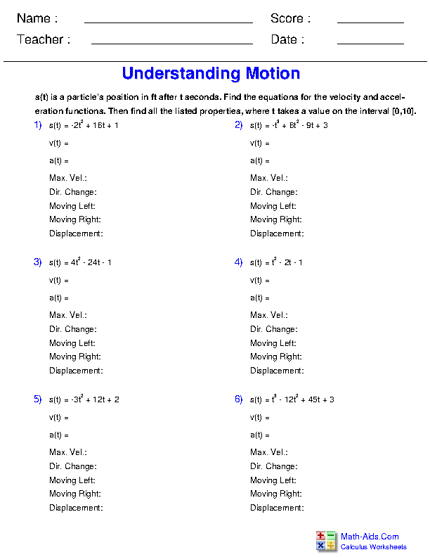 Understanding Motion Differential Applications Worksheets