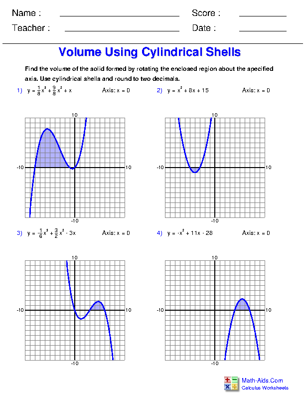 Volume Using Cylindrical Shells Integration Applications Worksheets