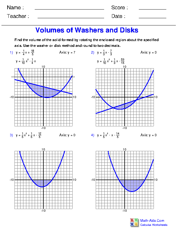 Volumes of Washers and Disks Integration Applications Worksheets