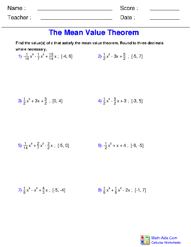 Mean Value Theorem Definite Integration Worksheets