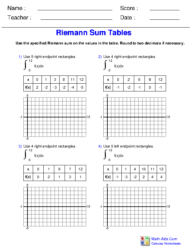 Calculus Math Worksheets