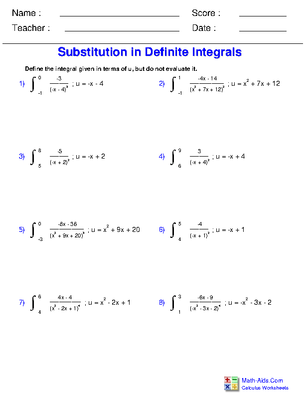 Substitution in Definite Integrals Definite Integration Worksheets