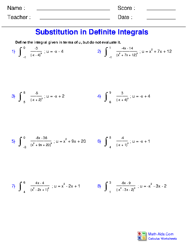 Calculus Worksheets | Definite Integration for Calculus Worksheets