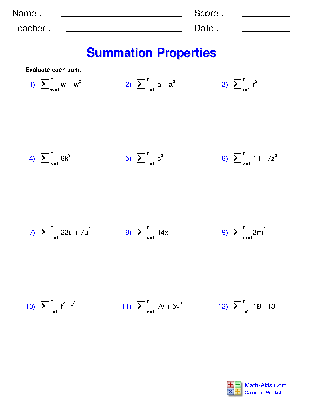 Summation Properties Definite Integration Worksheets