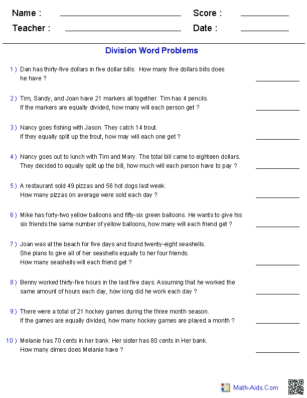 Division with 1 Digit Divisors Word Problems Worksheets