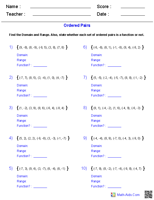 Algebra 1 Worksheets Domain and Range Worksheets