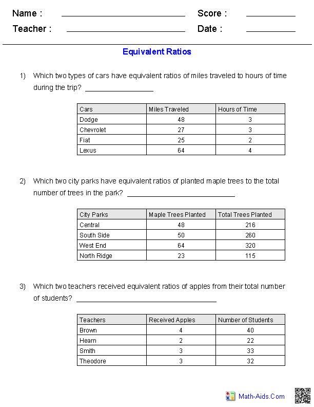 Tables with Equivalent Ratios Ratio Worksheets