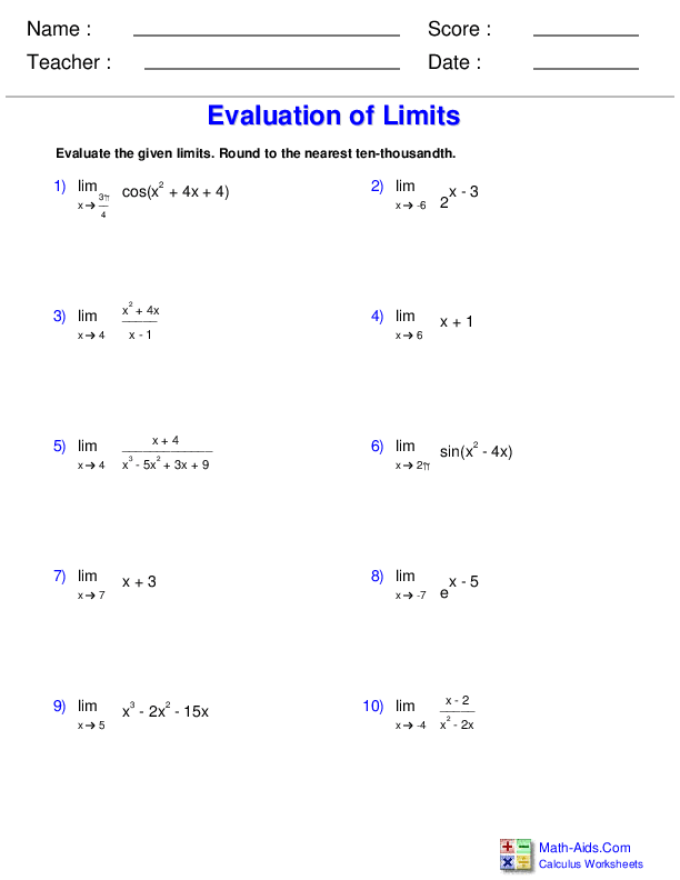 Calculus Worksheets | Limits and Continuity Worksheets