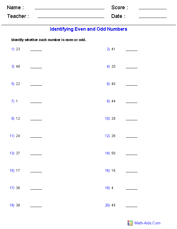 Identify Even and Odd Worksheets