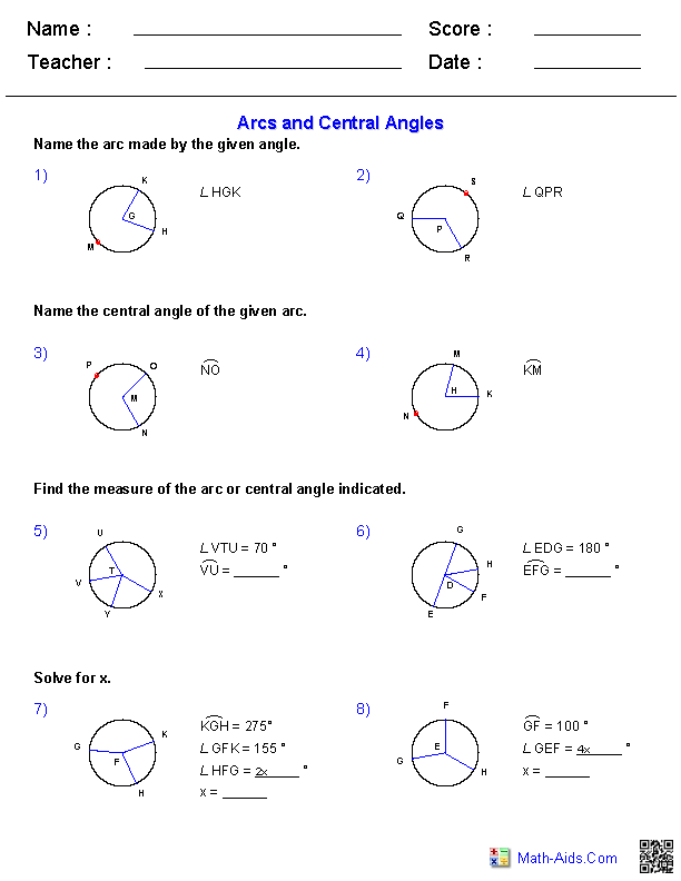 Angles Worksheets | Arcs and Central Angles Worksheets