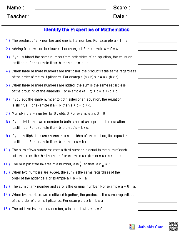 Properties Of Addition And Multiplication Chart