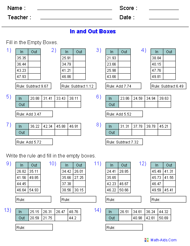 Function Table Worksheets | Function Table & In and Out Boxes Worksheets