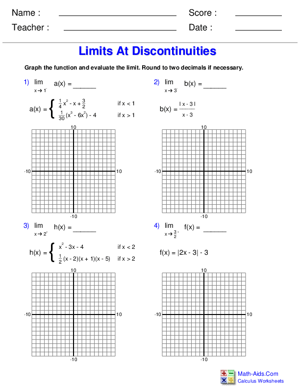 Limits and Continuity Calculus Worksheets