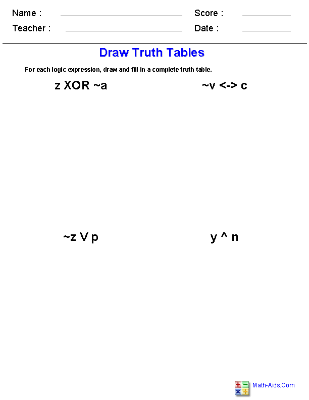 Draw Truth Tables Logic Worksheets